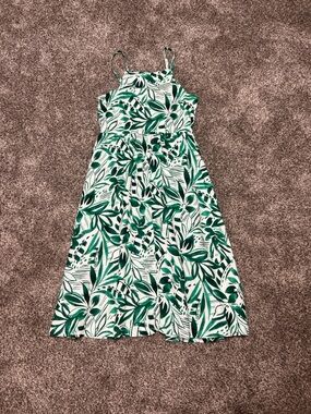 Lands' End Large Green/White Tropical Leaf Midi Sundress Linen Beachy Airy